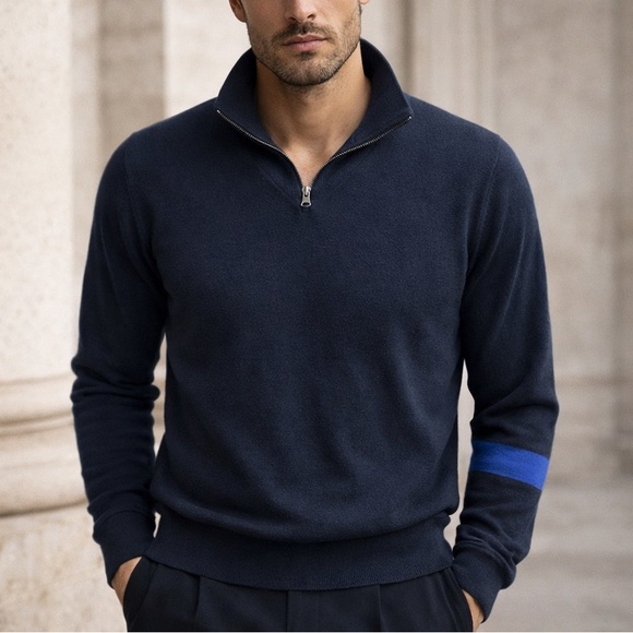 TSE 100% Cashmere Quarter Zip Sweater Grey Blue Stripe Size M